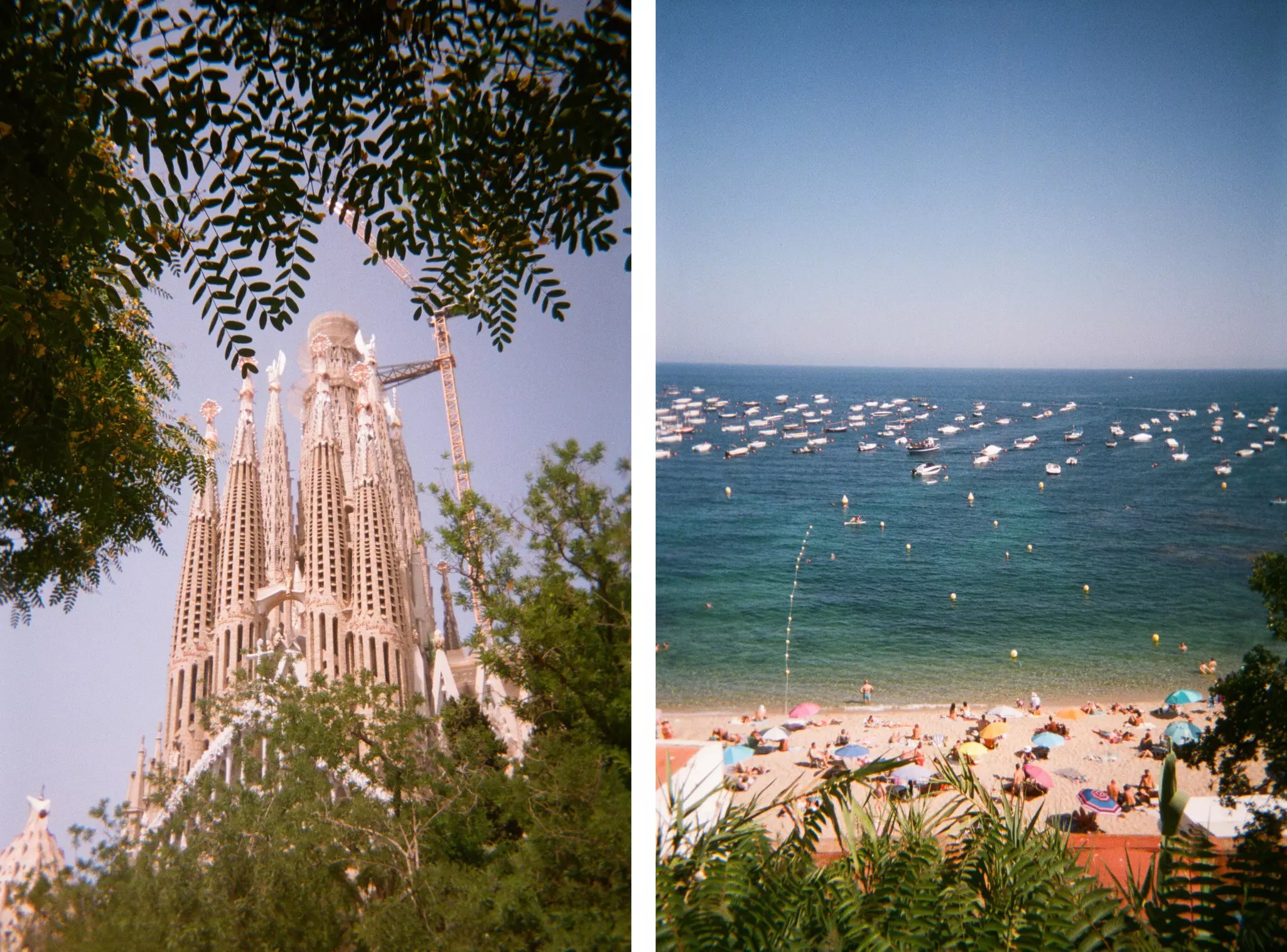 Left, the Sagrada Familia in Barcelona. Right, a view of a beach with people swimming in the ocean and boats