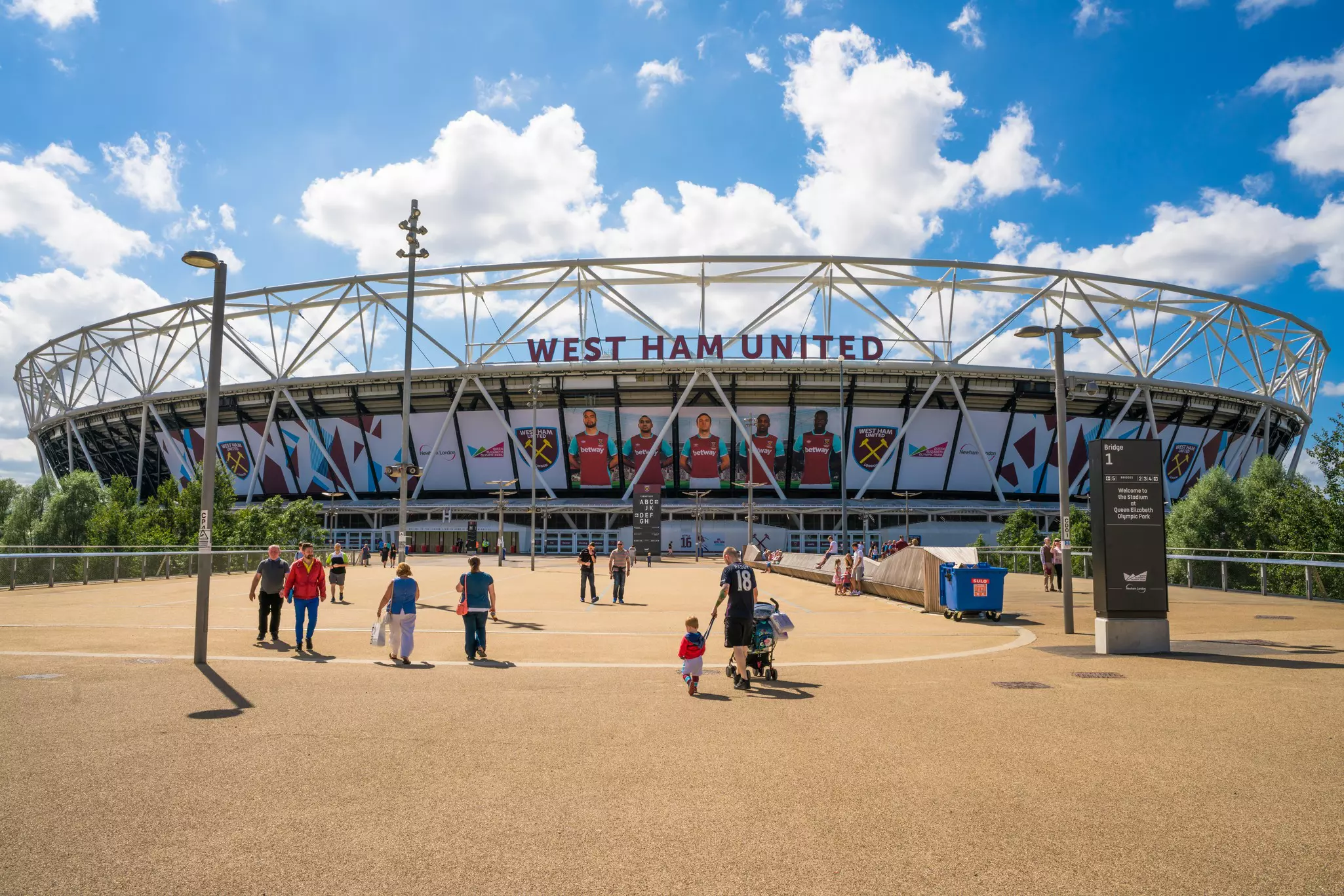 People walking by the London Stadium at the Queen Elizabeth Olympic Park, London, England.