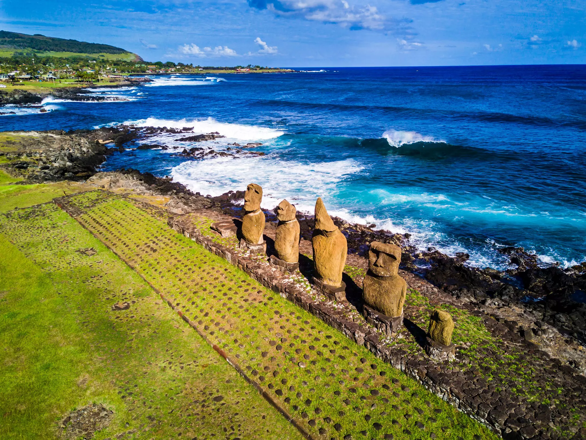 A view over the moai statues at Ahu Vai Uri in Rapa Nui (Easter Island).