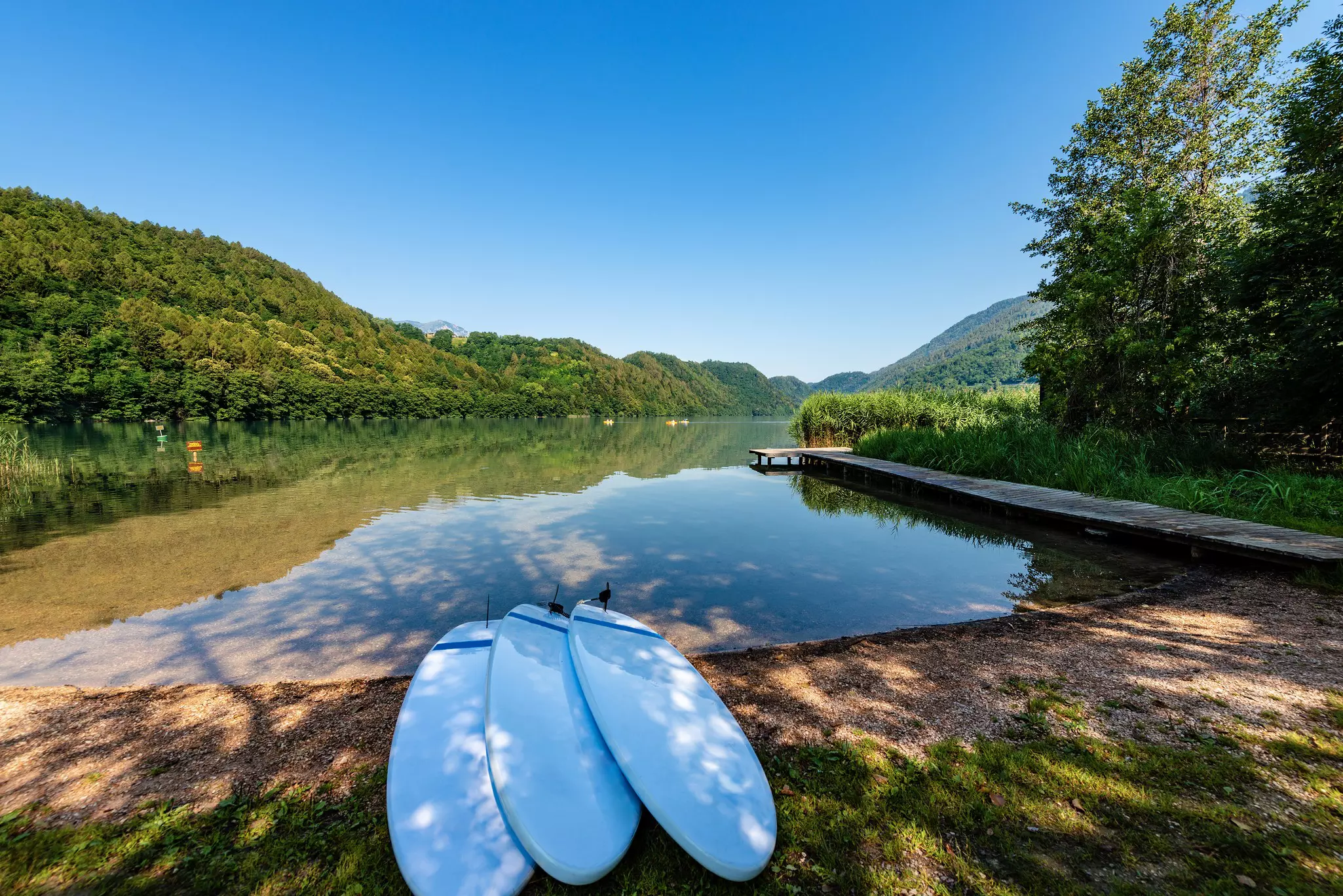 Three paddleboards stacked on the shore of a peaceful lake