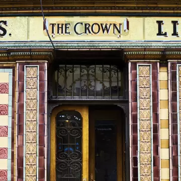 Detail of the facade of the Crown liquor saloon in Belfast, Ireland.