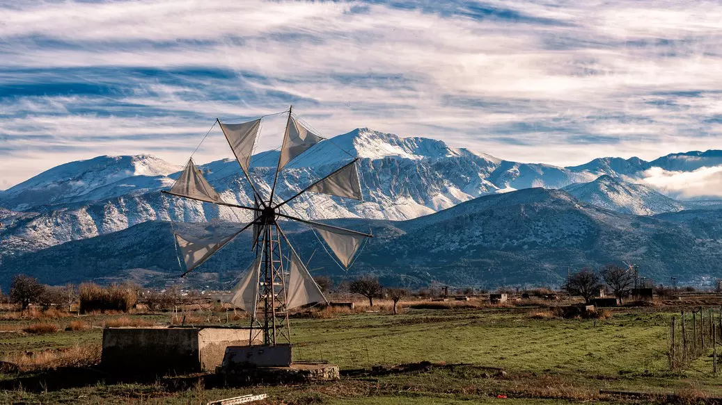 The windmills of Lasithi Plateau in Crete, Greece