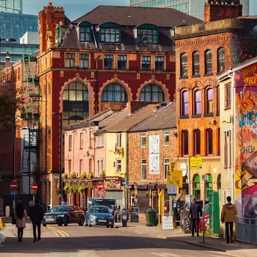 Manchester, England...A view of the Northern Quarter that it is a trendy neighbourhood in Manchester. It is known due tolo the cool stres and restaurants as well as graffitis decorating some buildings.
691837110
person, art, urban, city, building, painting, mural, downtown, road, street