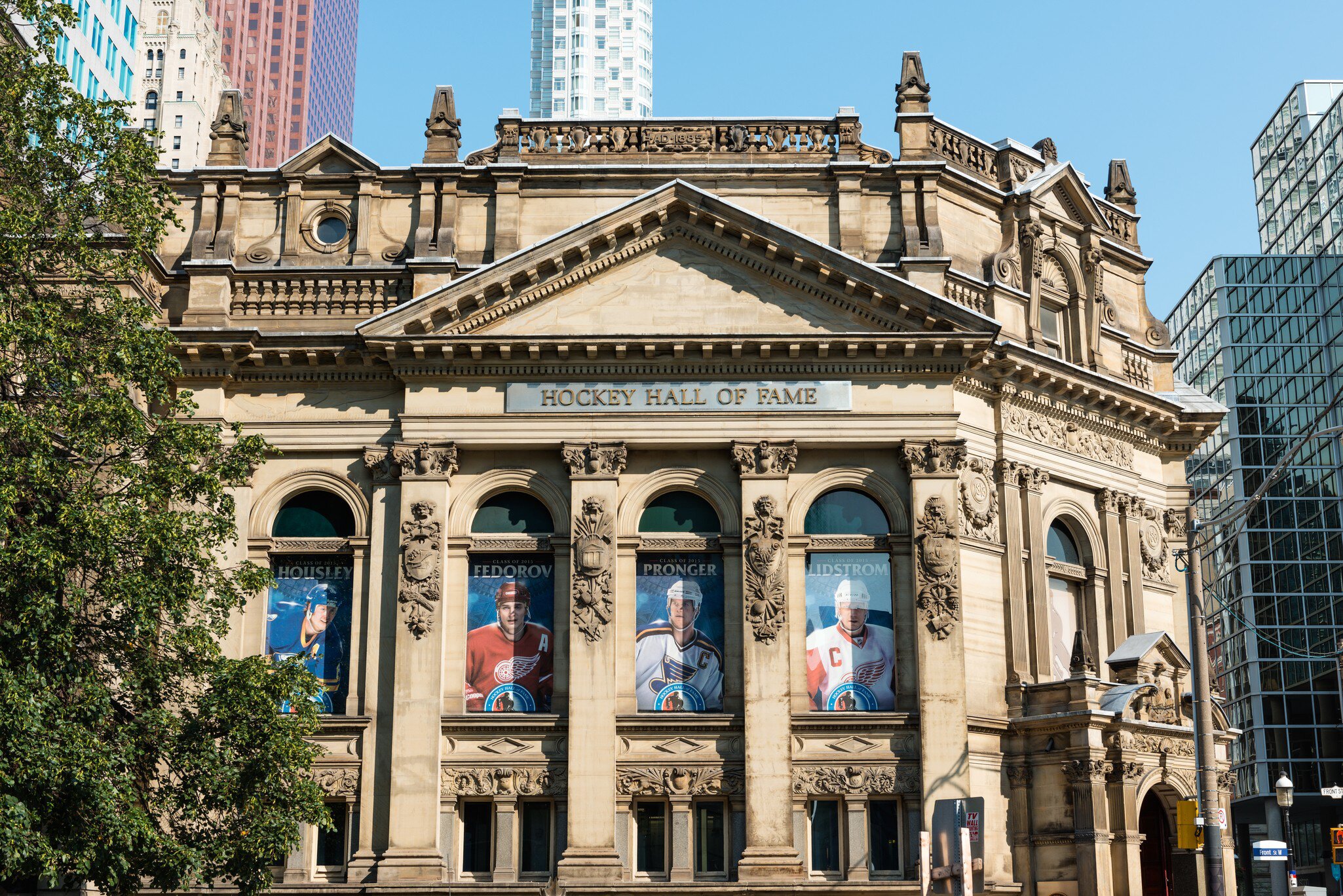 Front facade of the Hockey Hall of Fame in Toronto, Ontario, a building dedicated to the history of ice hockey and home to the Stanley Cup