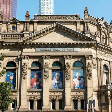 Front facade of the Hockey Hall of Fame in Toronto, Ontario, a building dedicated to the history of ice hockey and home to the Stanley Cup