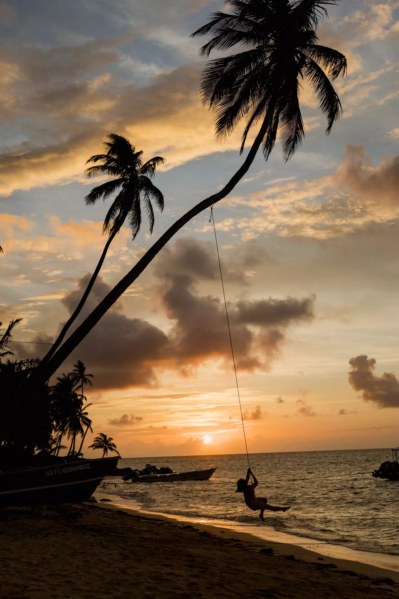 A woman swings on a rope that hangs from a palm tree out towards the ocean at sunset.