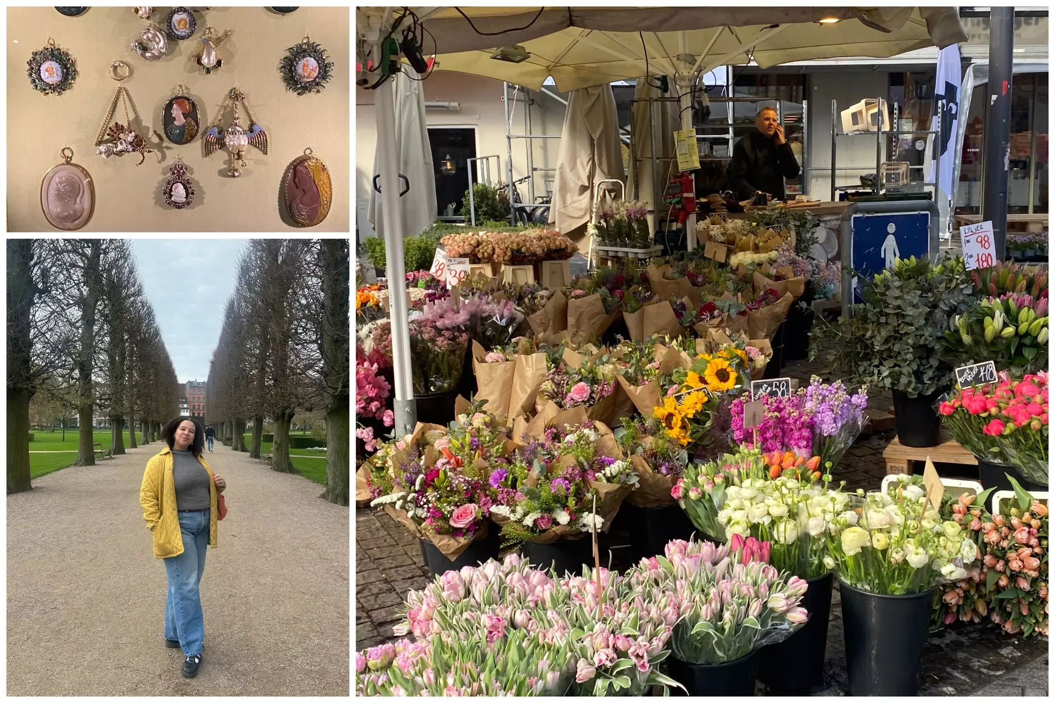 Top left: ornamental pins from Rosenborg Castle. Right: a flower market in Copenhagen. Bottom left: Chamidae in the park © Chamidae Ford 