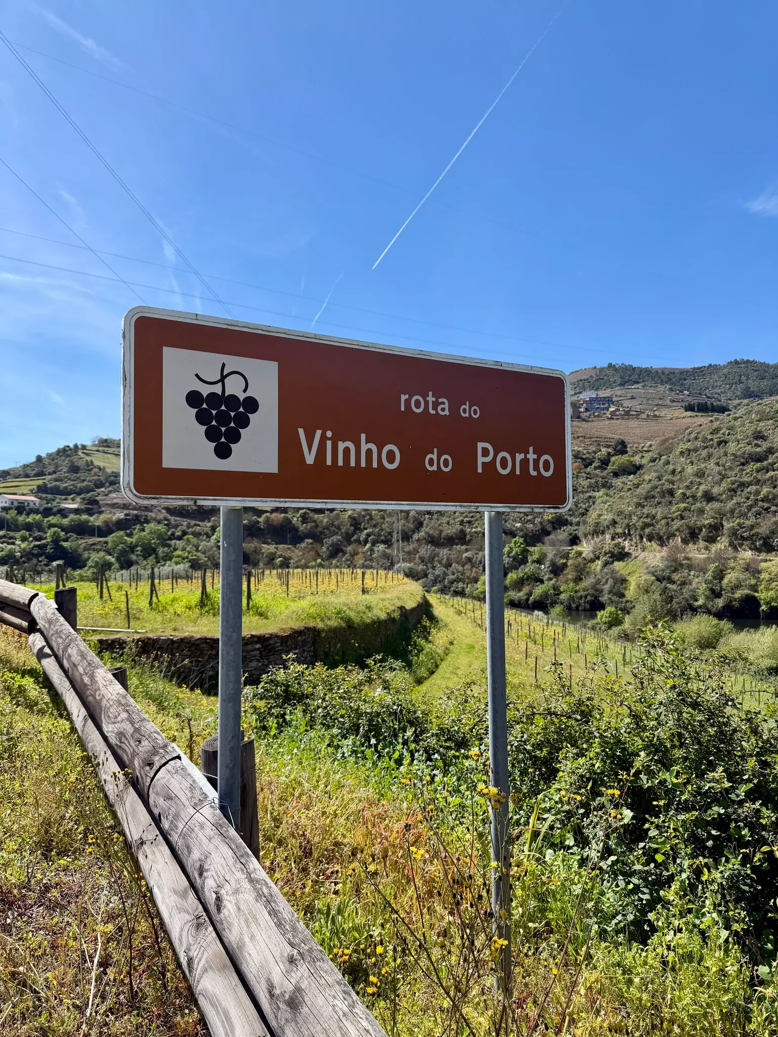 A brown road sign on the side of a road that says "rota do Vinho do Porto" with vineyards in the background against a clear blue sky