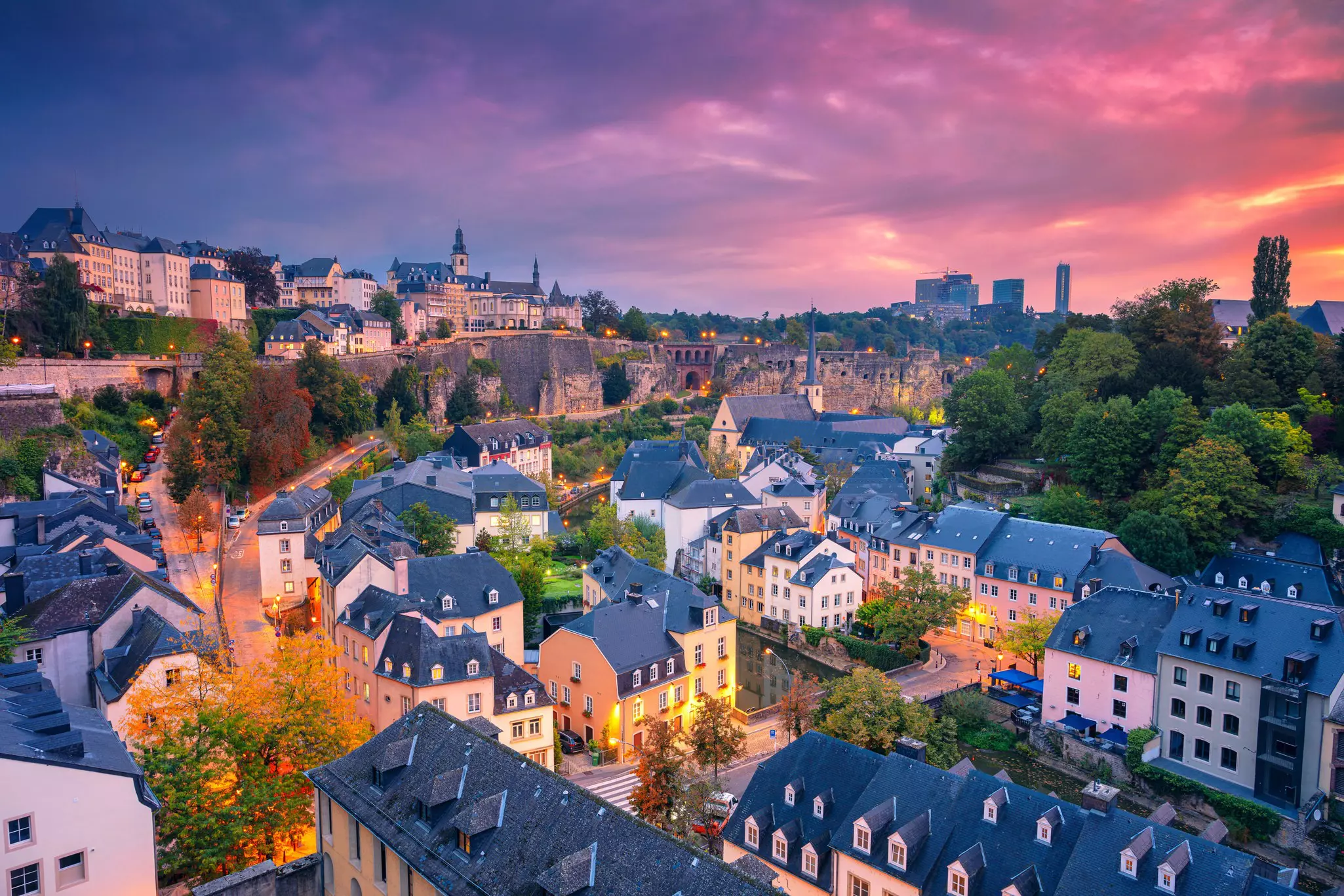 Aerial of Luxembourg's old town during sunrise.