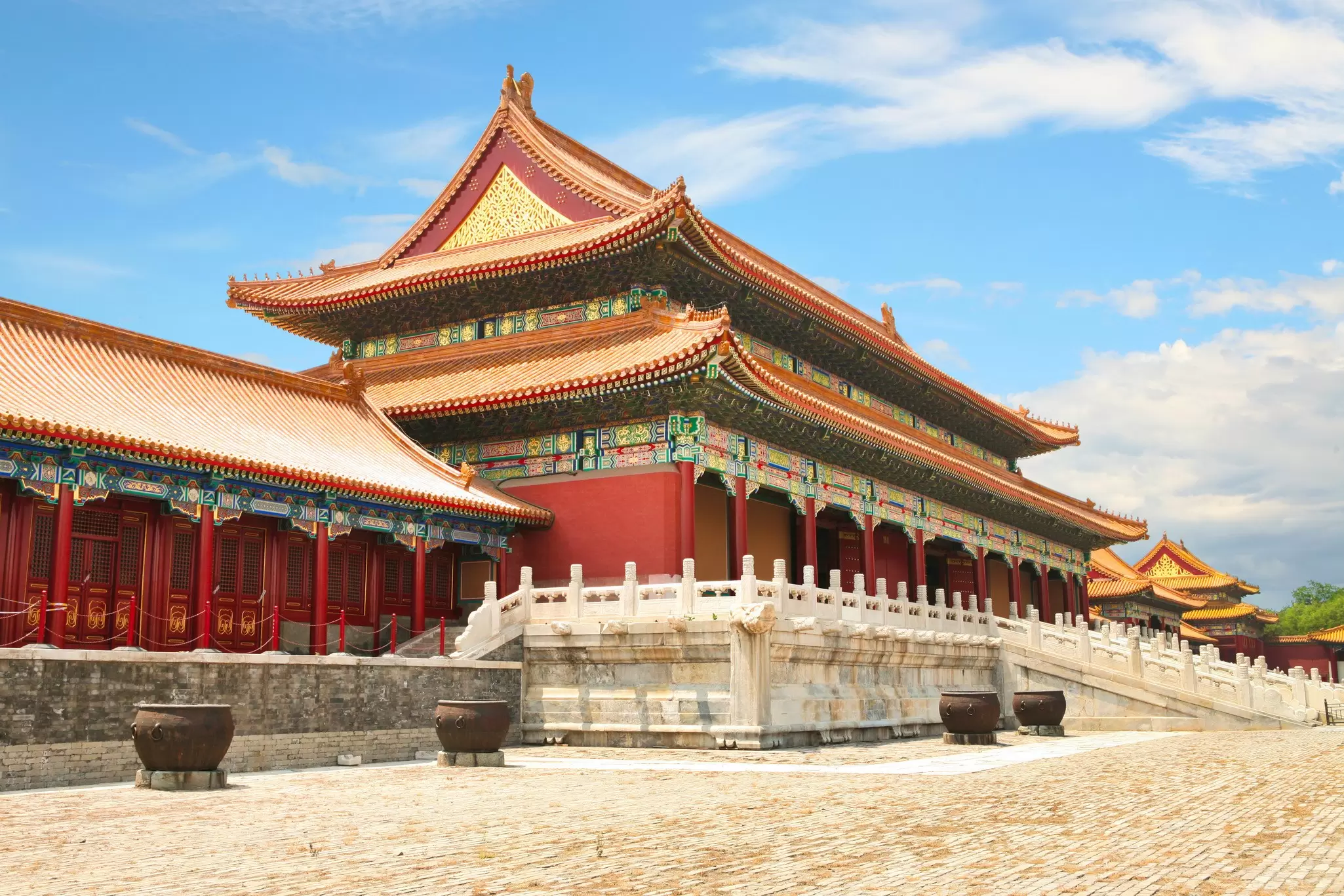 View of The Gate of Supreme Harmony in the Forbidden City on a sunny day in Beijing, China.