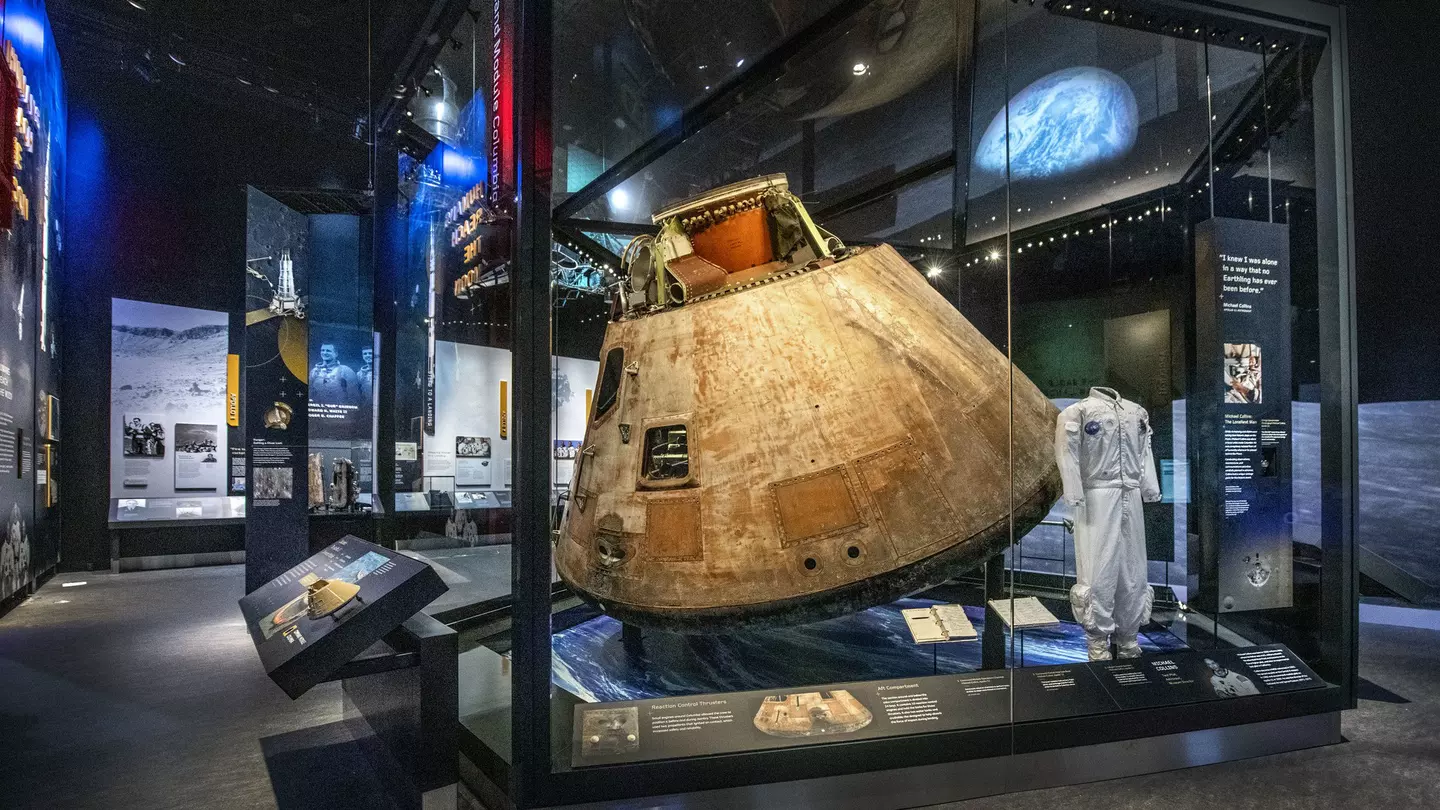 The Apollo 11 Command Module in the “Destination Moon” gallery at the Smithsonian Air and Space Museum in Washington, DC.