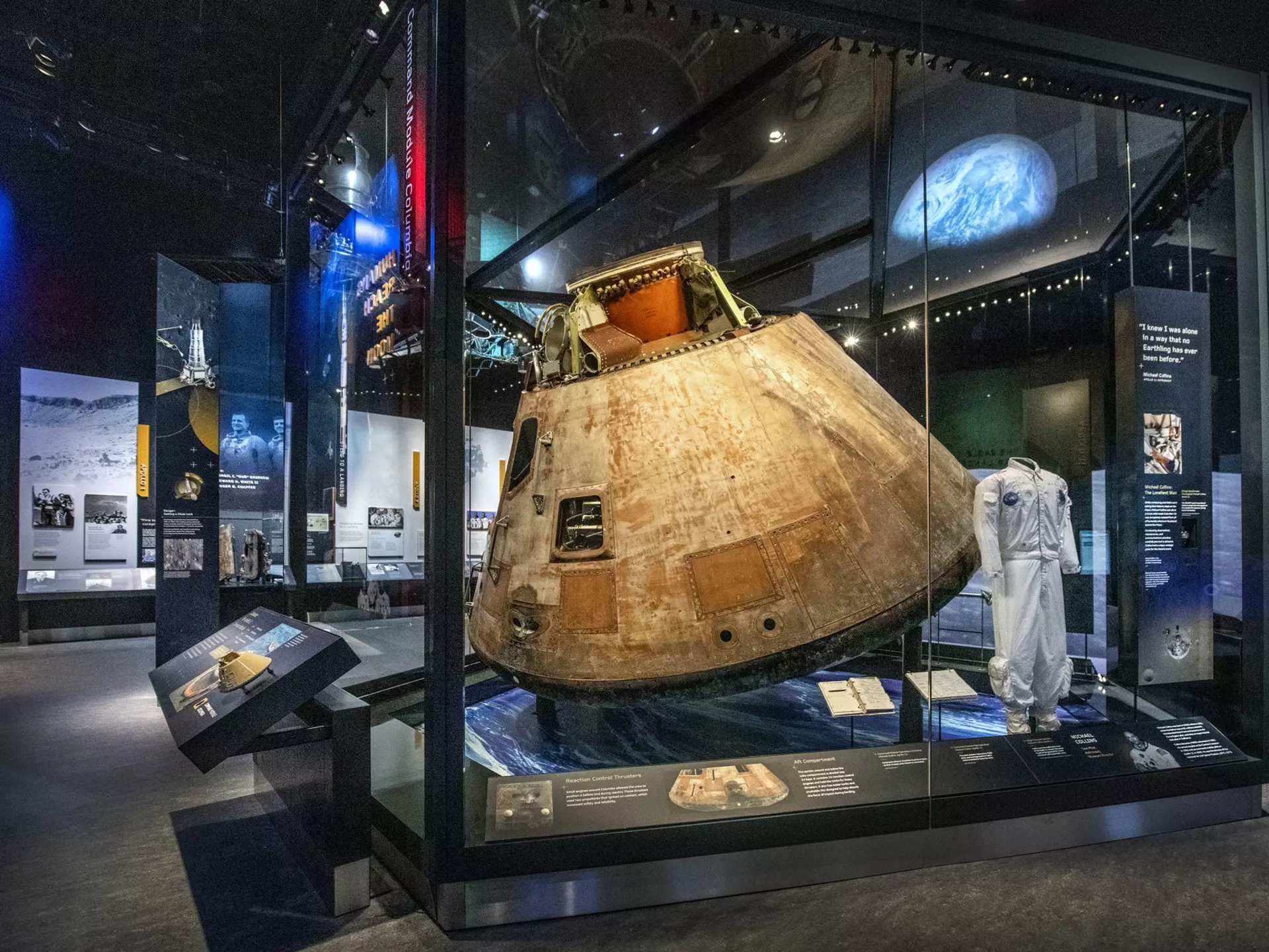 The Apollo 11 Command Module in the “Destination Moon” gallery at the Smithsonian Air and Space Museum in Washington, DC.