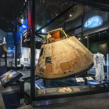 The Apollo 11 Command Module in the “Destination Moon” gallery at the Smithsonian Air and Space Museum in Washington, DC.