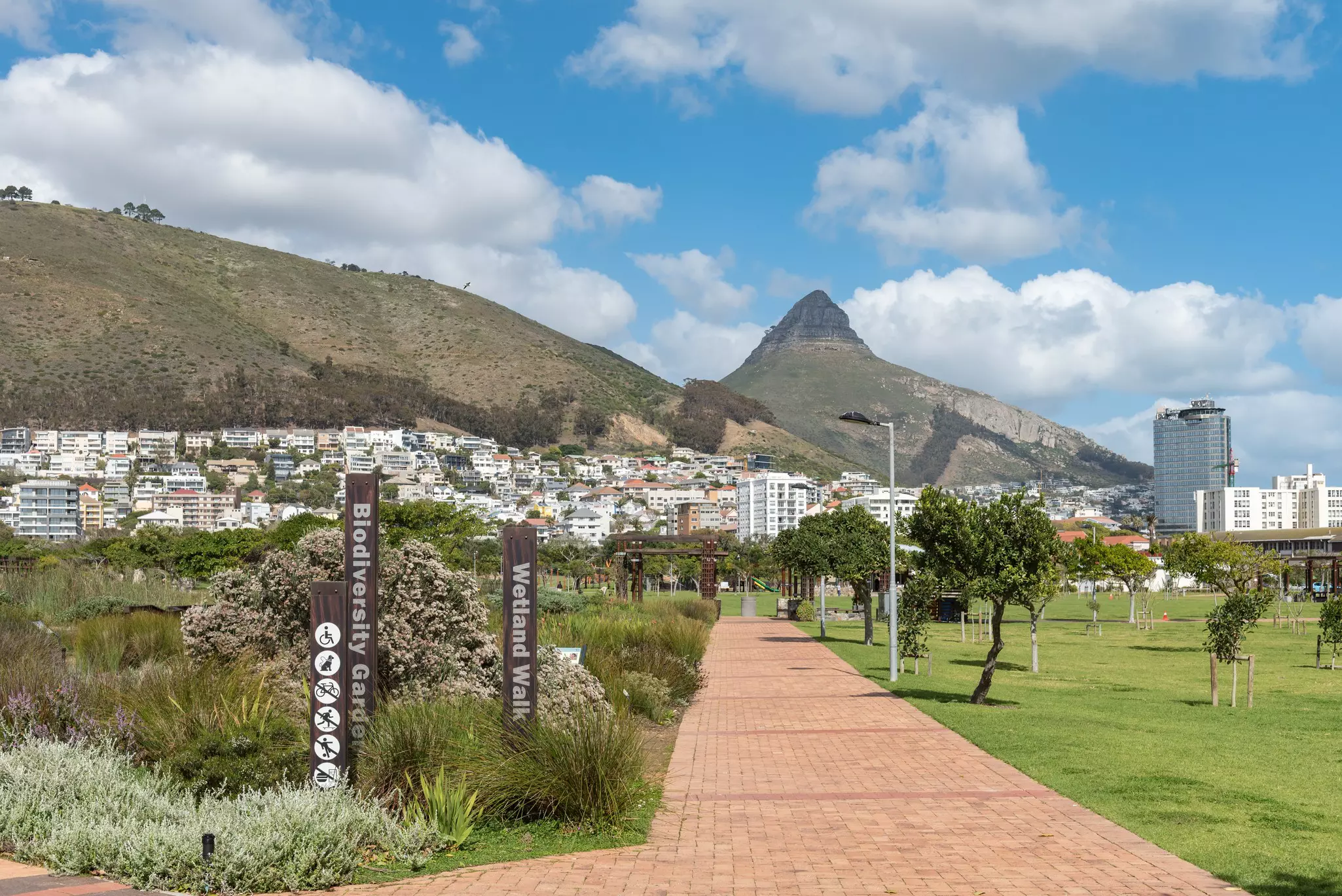A path leads through a tidy city park. A dense neighborhood nestled against the slope of a mountain is visible in the distance.