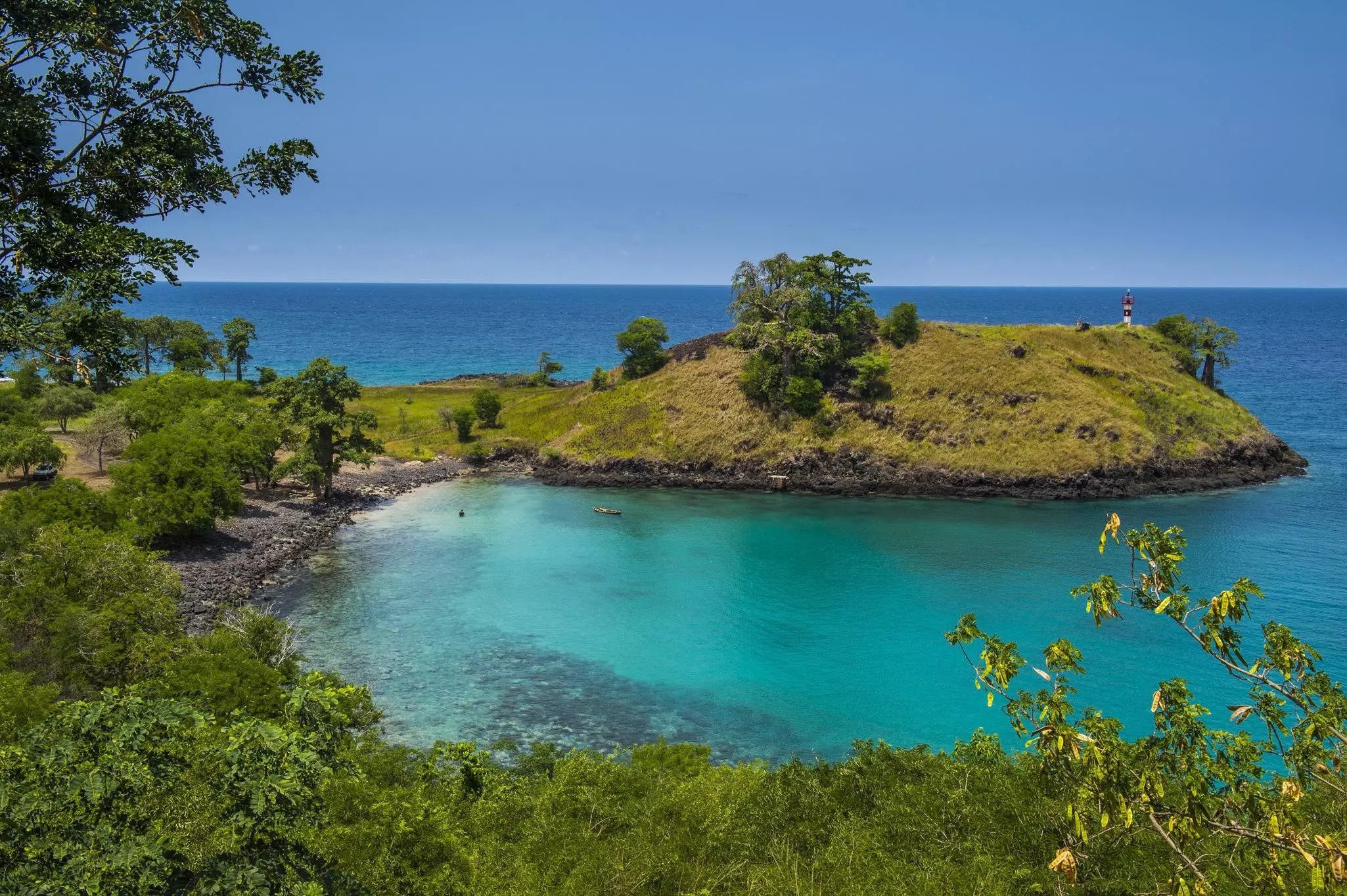 The turquoise waters of Lagoa Azul in northern Sao Tome, Sao Tome and Principe, Atlantic ocean