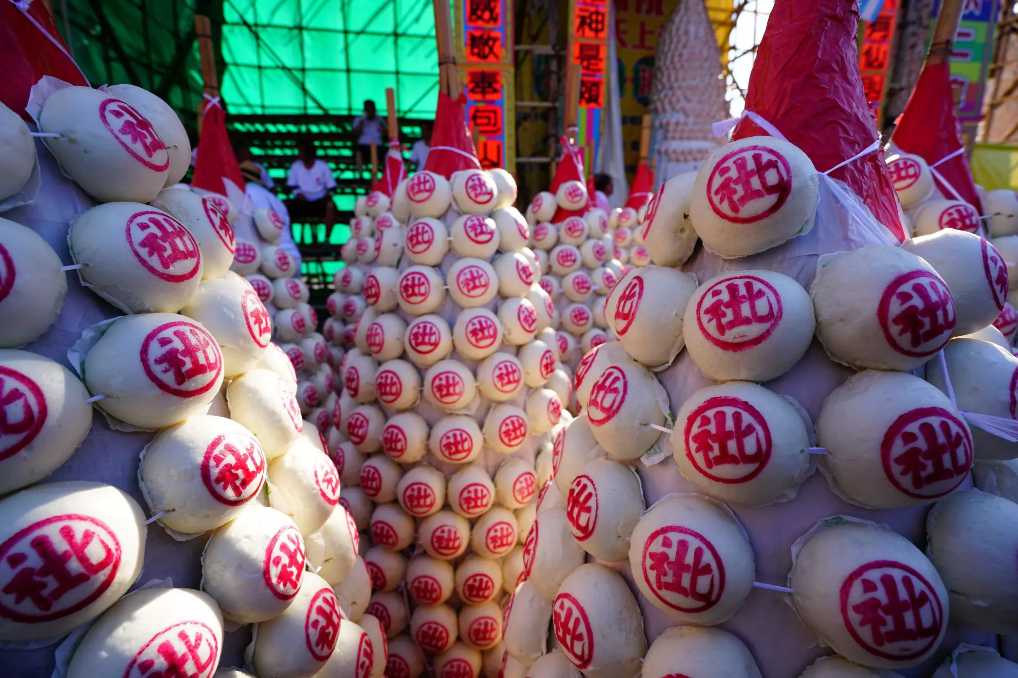 Mountains of buns displayed for Cheung Chau Bun Festival on the island of Cheung Chau.
