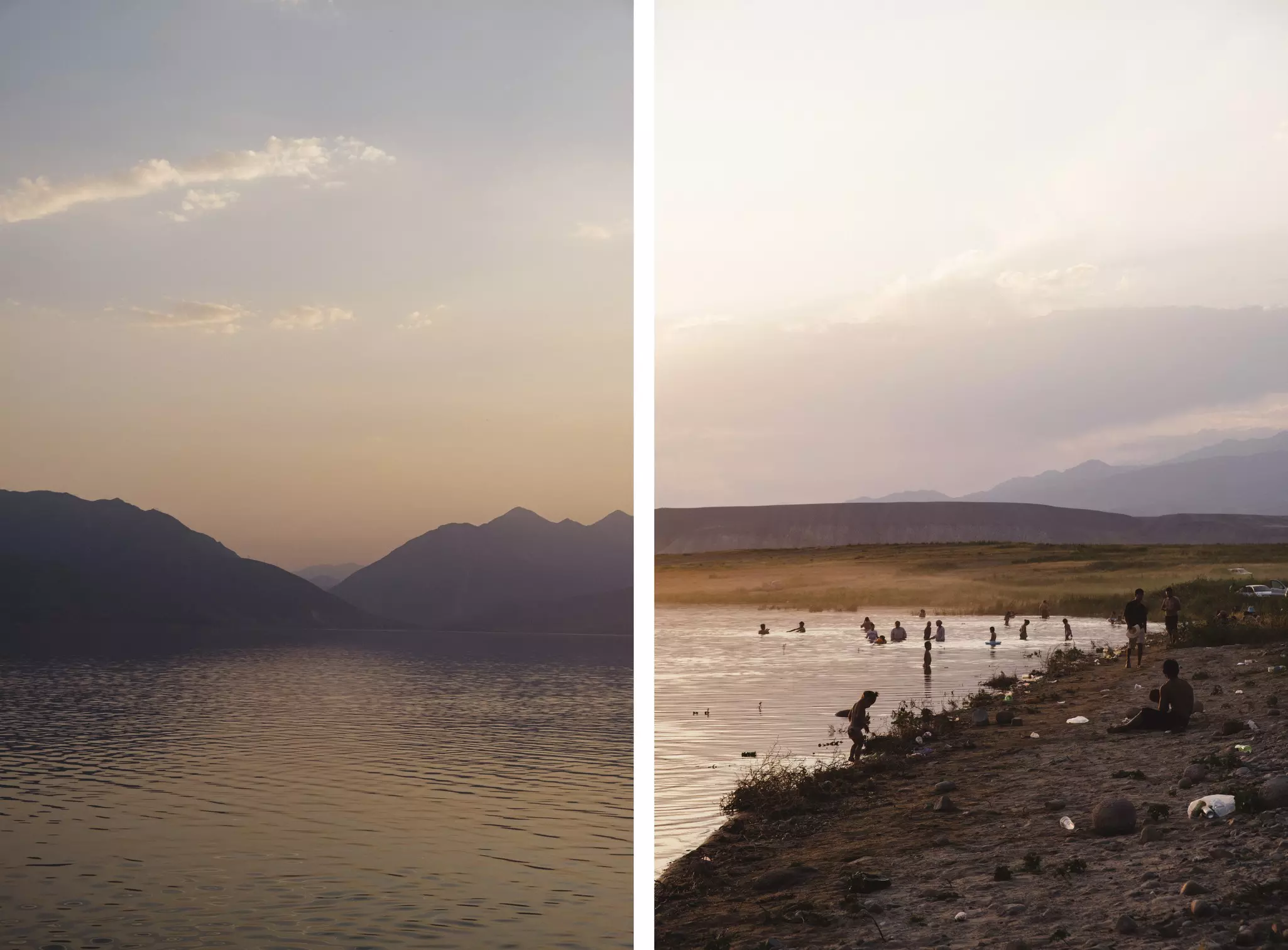 Left, a lake and mountains at sunset. Right, people swimming in a lake with a shore, and mountains in the distance.