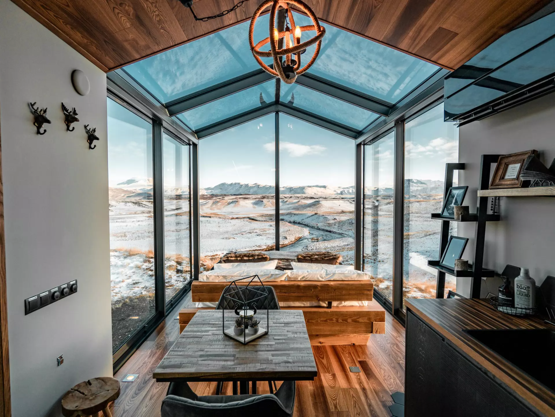 A suite with a window wall at Panorama Glass Lodge, Iceland