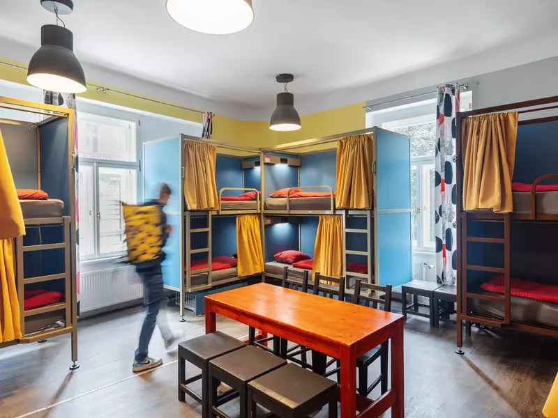 A shared 12-bed bunk room