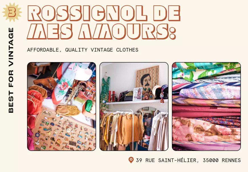 Three images of fabric and clothes on display in a thrift store.