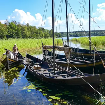 Viking long ships in the harbor at the Viking settlement of Birka in Lake Malaren.