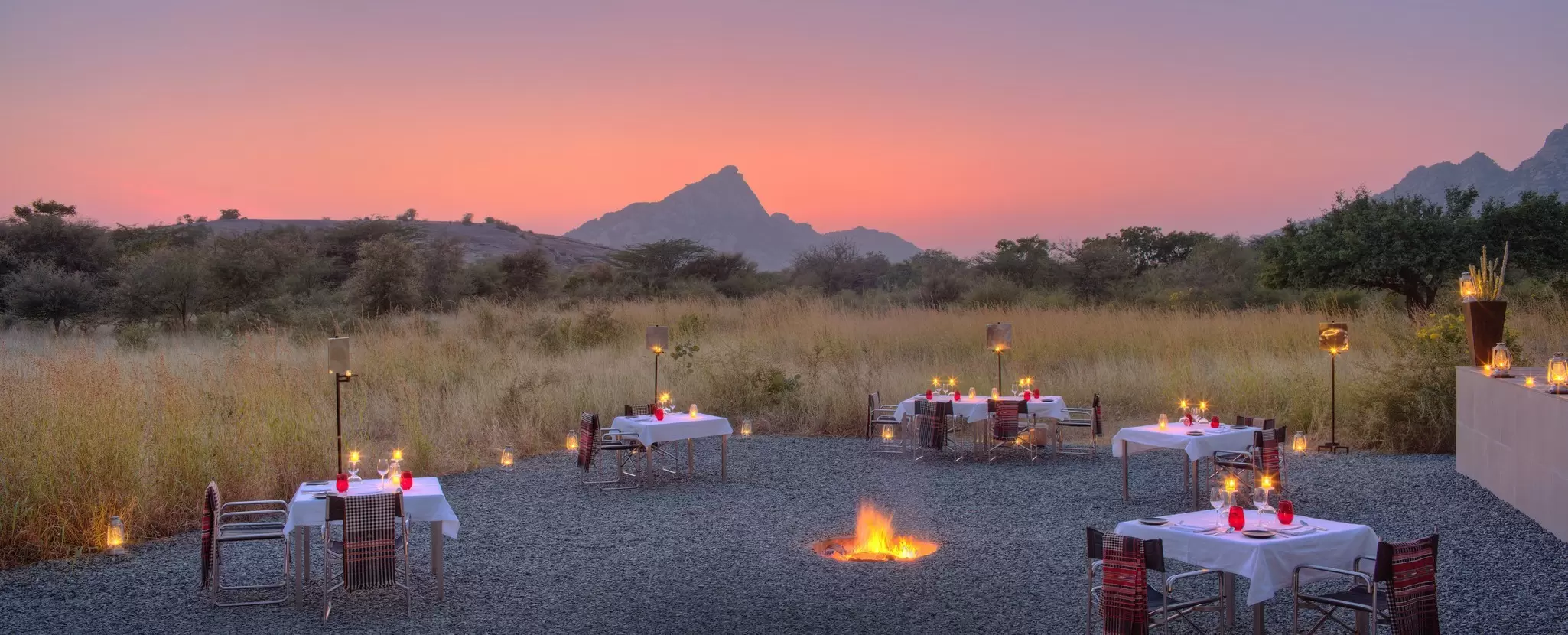 Granite rock formations overlook the safari camp at Suján Jawai. Suján Jawai