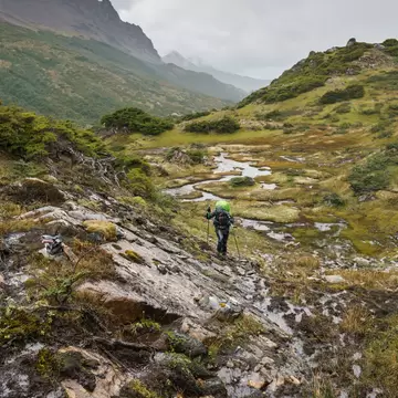 Hiker on the muddy trails of Dientes de Navarino during heavy rains, southernmost hike in the world, Isla Navarino, Chile.