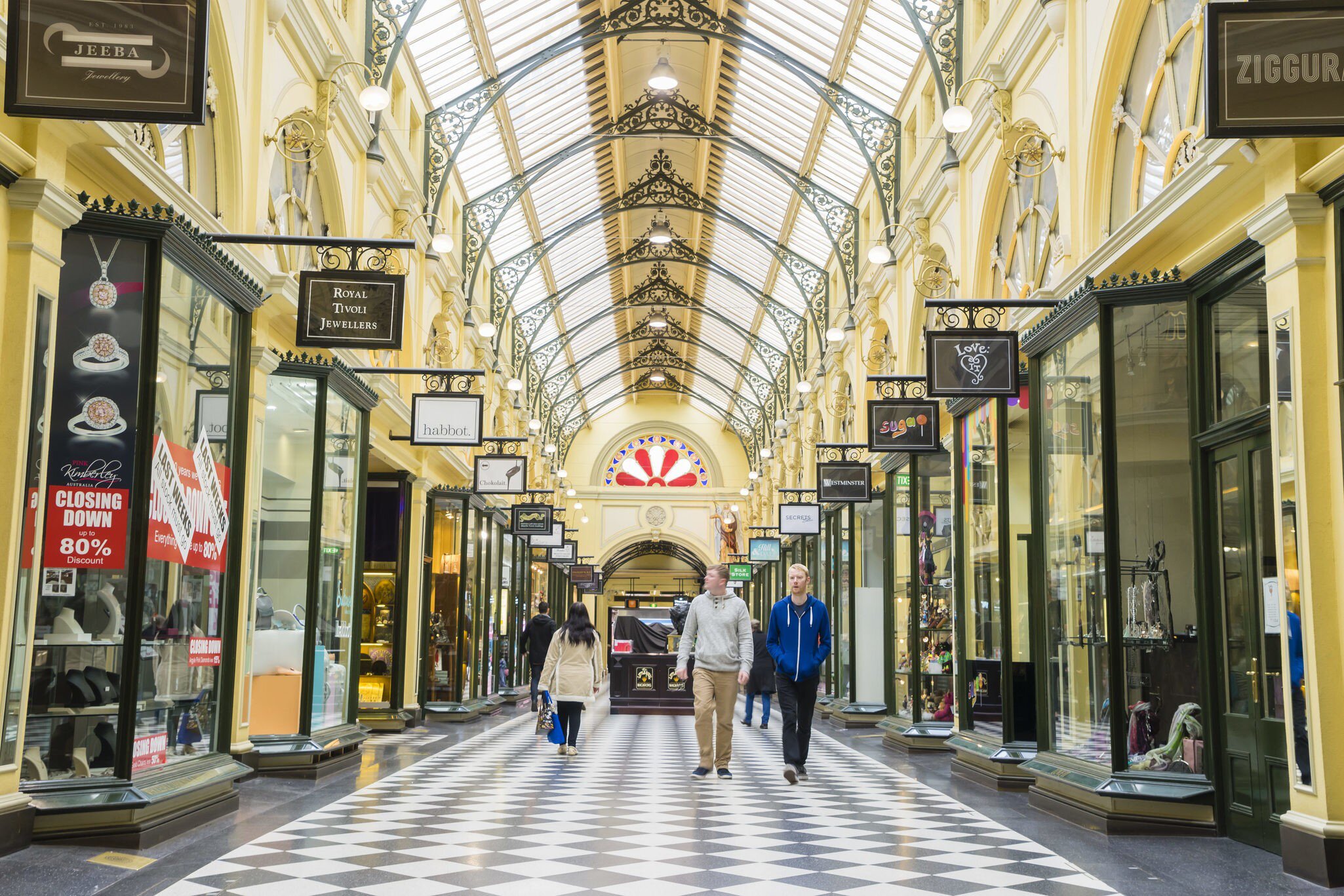 View of the interior of the Royal Arcade, a heritage shopping mall in Melbourne, Australia.