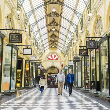 View of the interior of the Royal Arcade, a heritage shopping mall in Melbourne, Australia.
