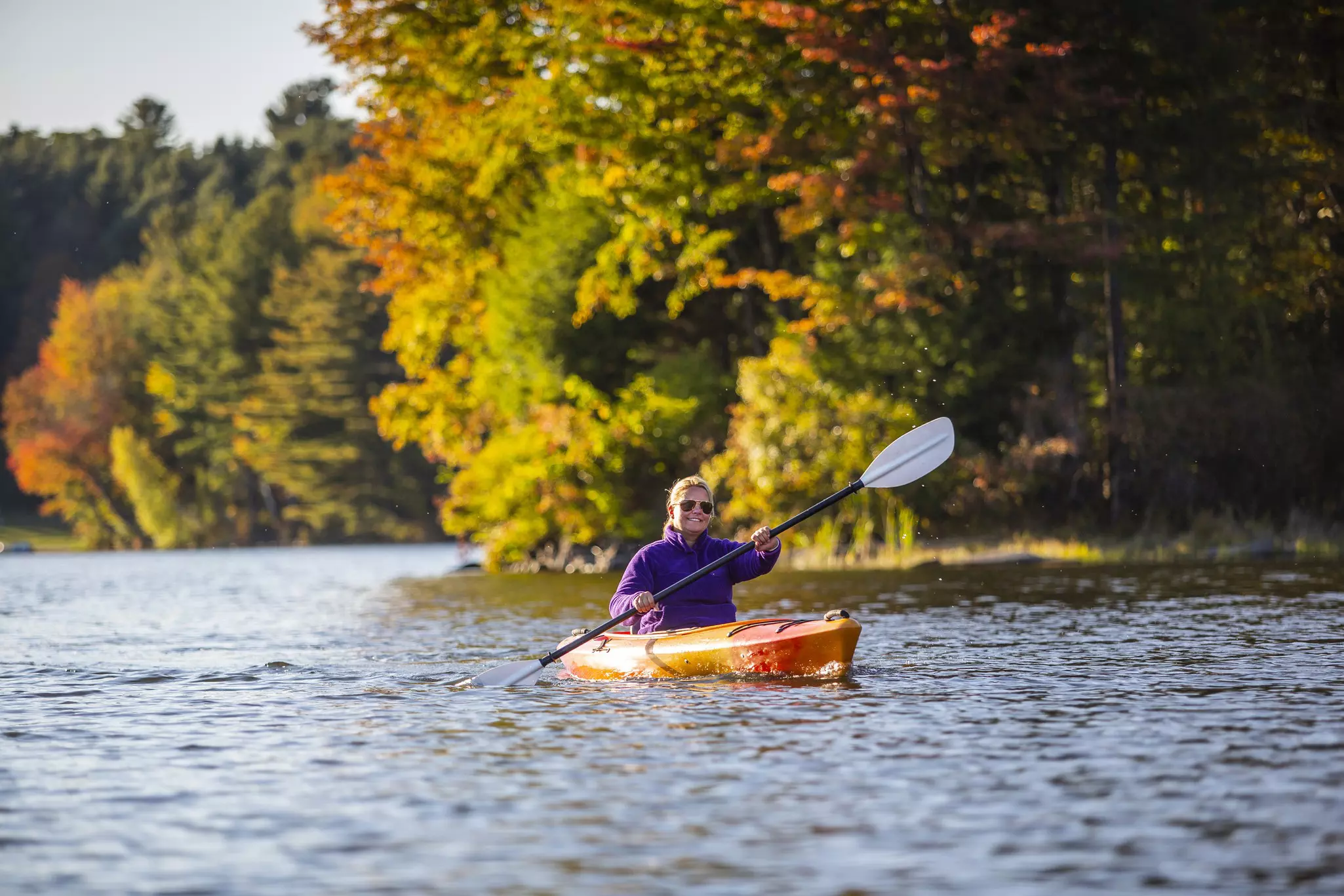 Woman kayaking on a lake during peak foliage, Silver Lake, Vermo
