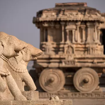India, Karnataka, Stone Chariot and elephant figures at Vittala Temple in Hampi