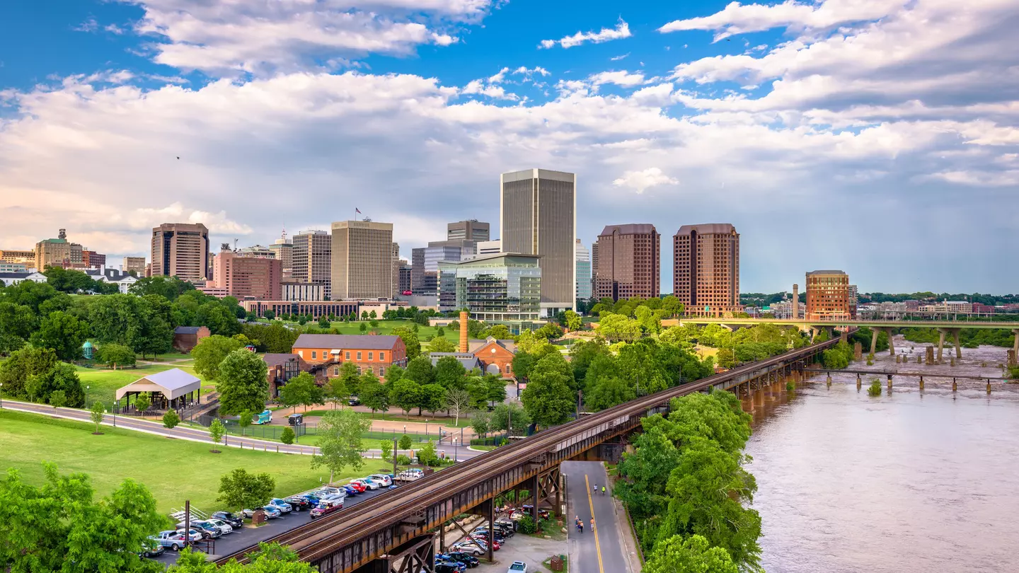 Richmond, Virginia, USA downtown skyline on the James River.