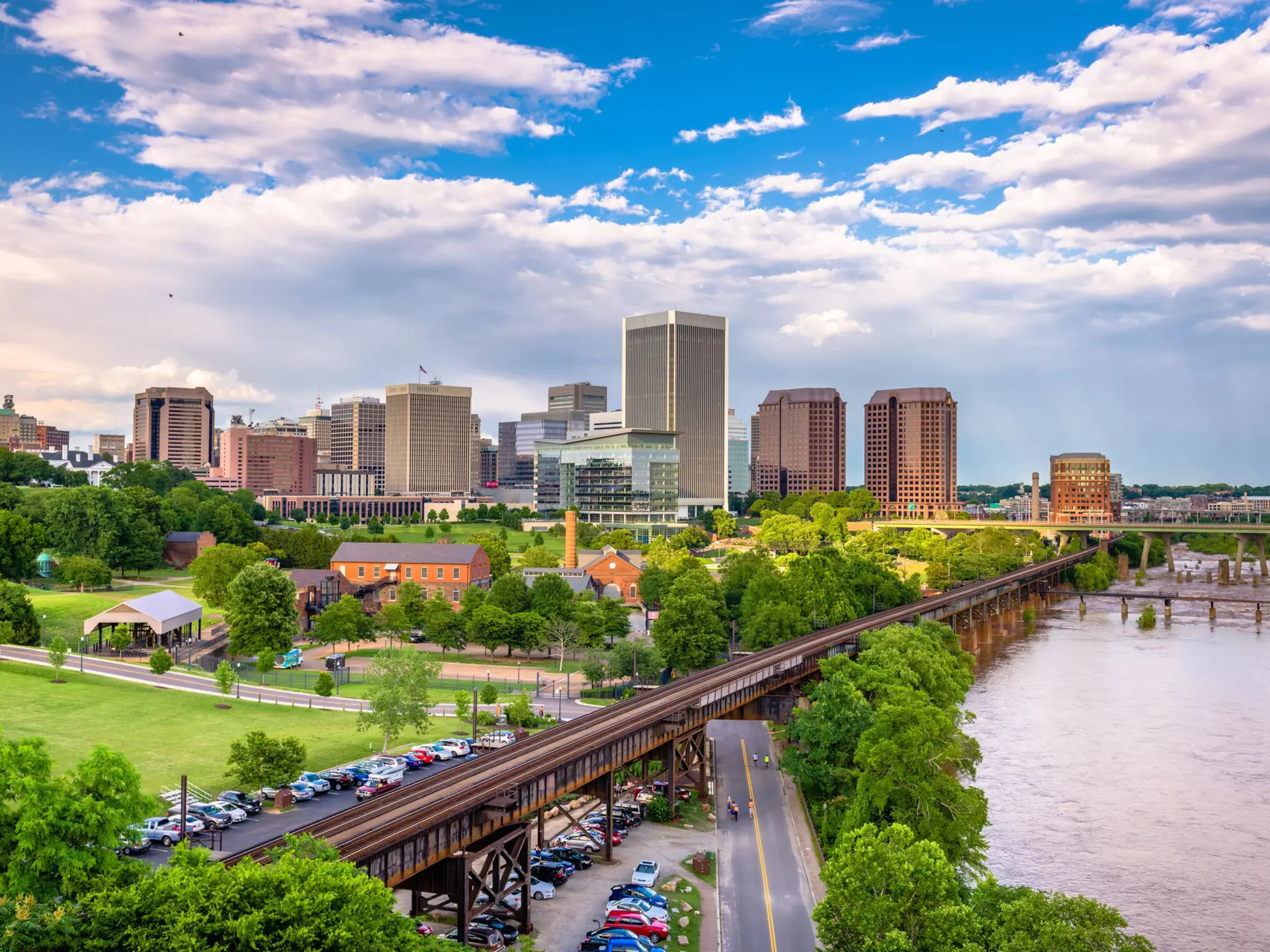Richmond, Virginia, USA downtown skyline on the James River.