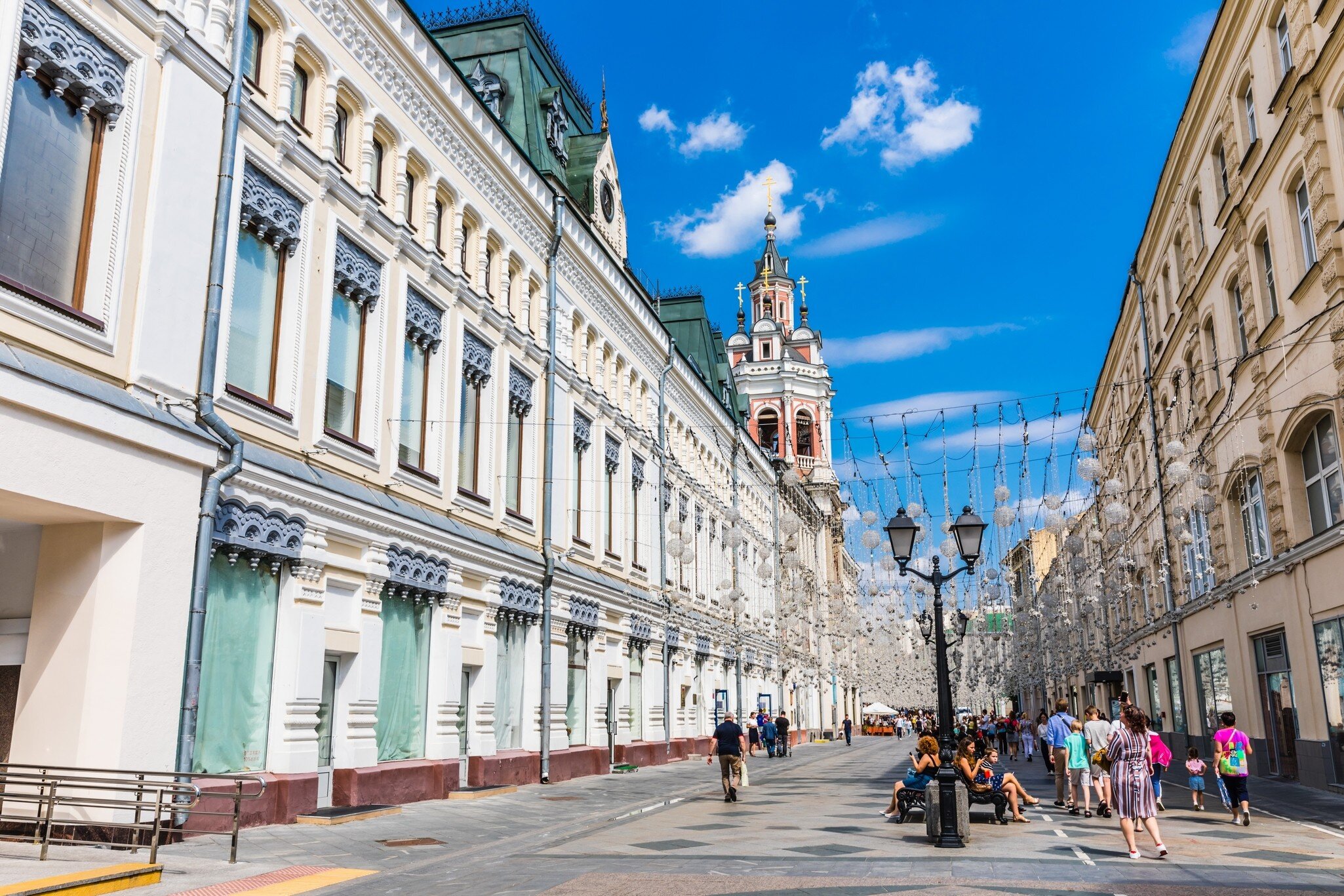 Moscow, Russia -  July 28, 2020:  Nikolskaya Street a pedestrian street in the Kitay-Gorod of Moscow. It connects Red Square and Lubyanka Square.; Shutterstock ID 2059162829;