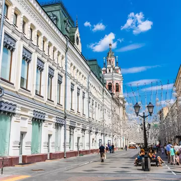 Moscow, Russia -  July 28, 2020:  Nikolskaya Street a pedestrian street in the Kitay-Gorod of Moscow. It connects Red Square and Lubyanka Square.; Shutterstock ID 2059162829;