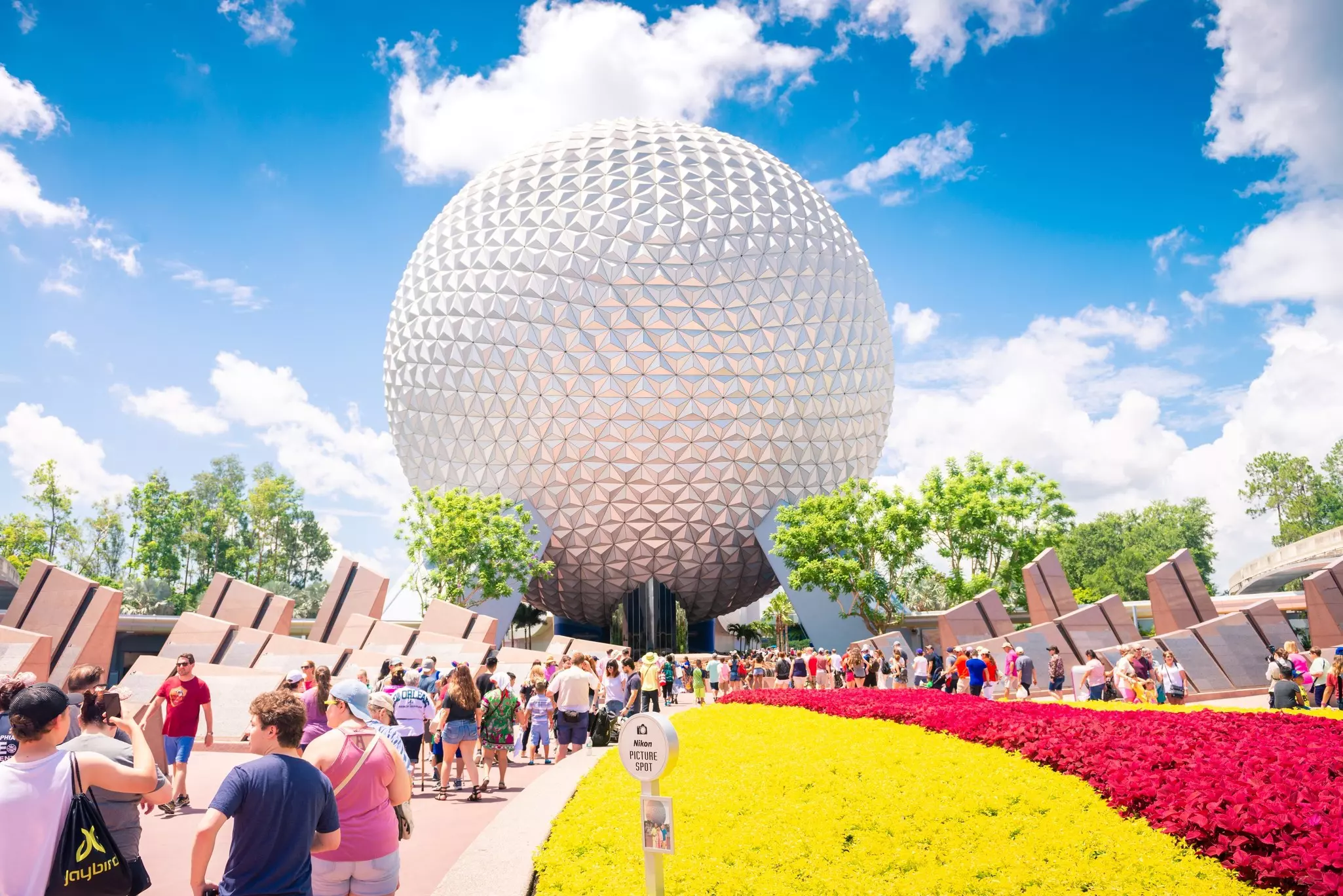 The famous ball-shaped entrance to Epcot in Disney World, Orlando, Florida.