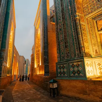 Mausoleums finely decorated with blue and turquoise stone mosaics.