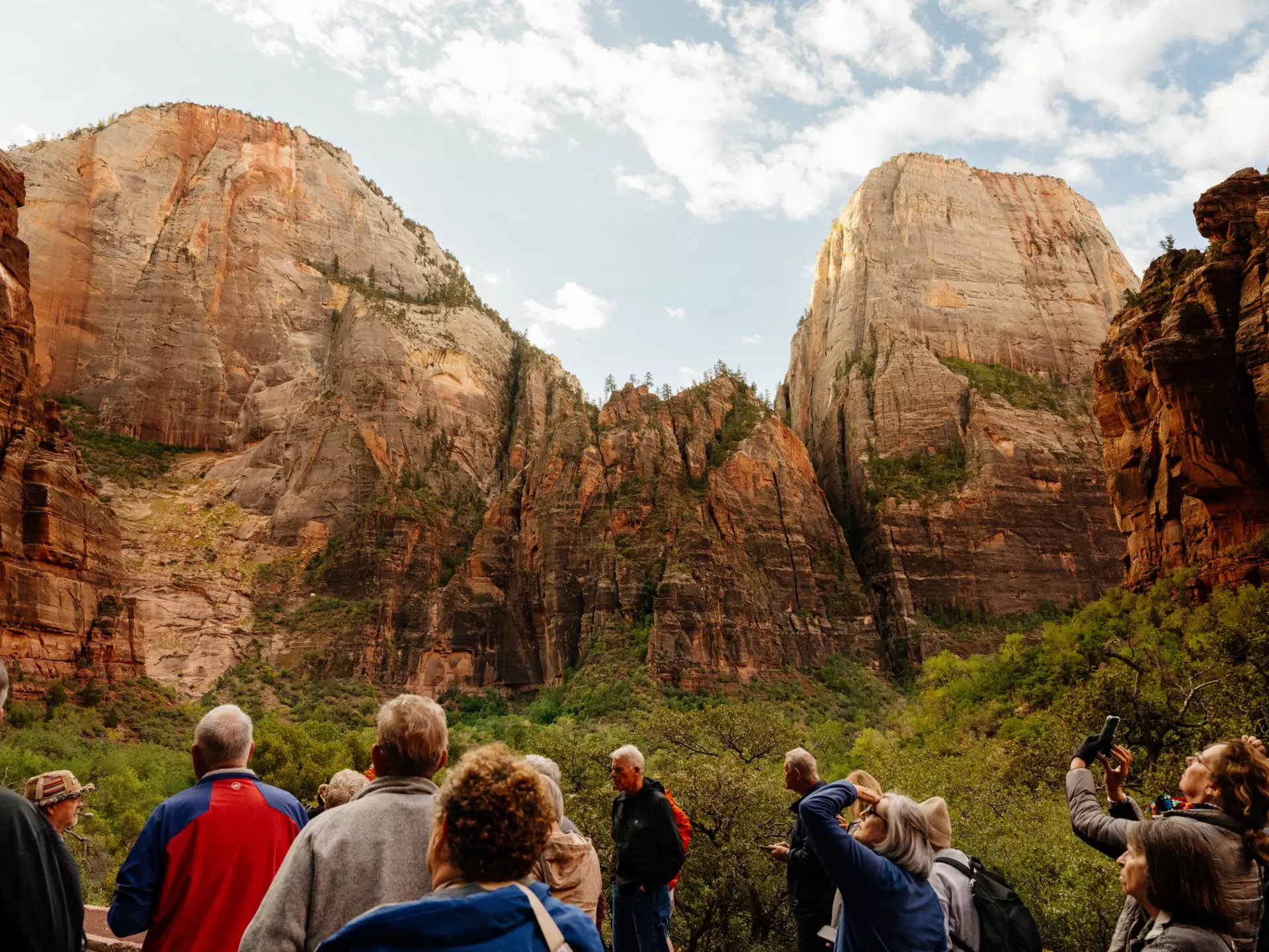 A group of people walking through Zion National Park.