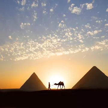 A single tour guide walking a camel at sunset by a huge stone pyramid in the desert