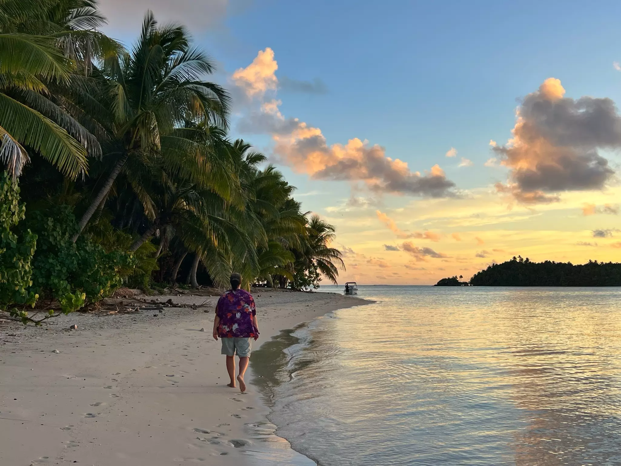 A person in a flowery shirt and shorts walks along a sandy beach as the waves lap at the shore. The sky is pale orange as the sun sets.