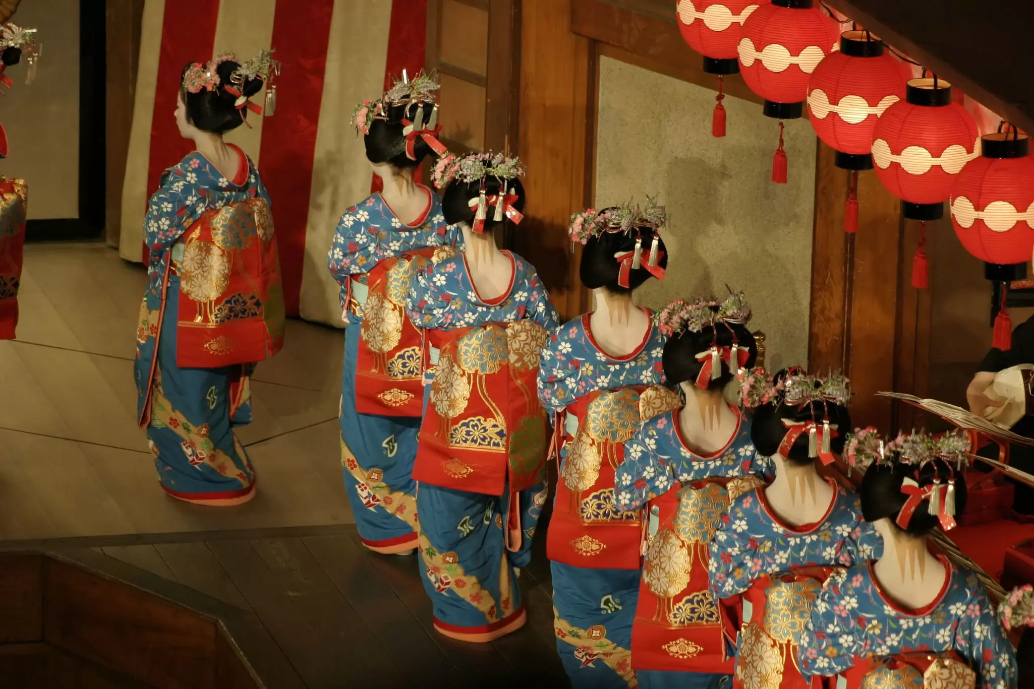 Women performers in traditional kimonos at the Miyako Odori spring show in Gion, Kyoto, Japan.