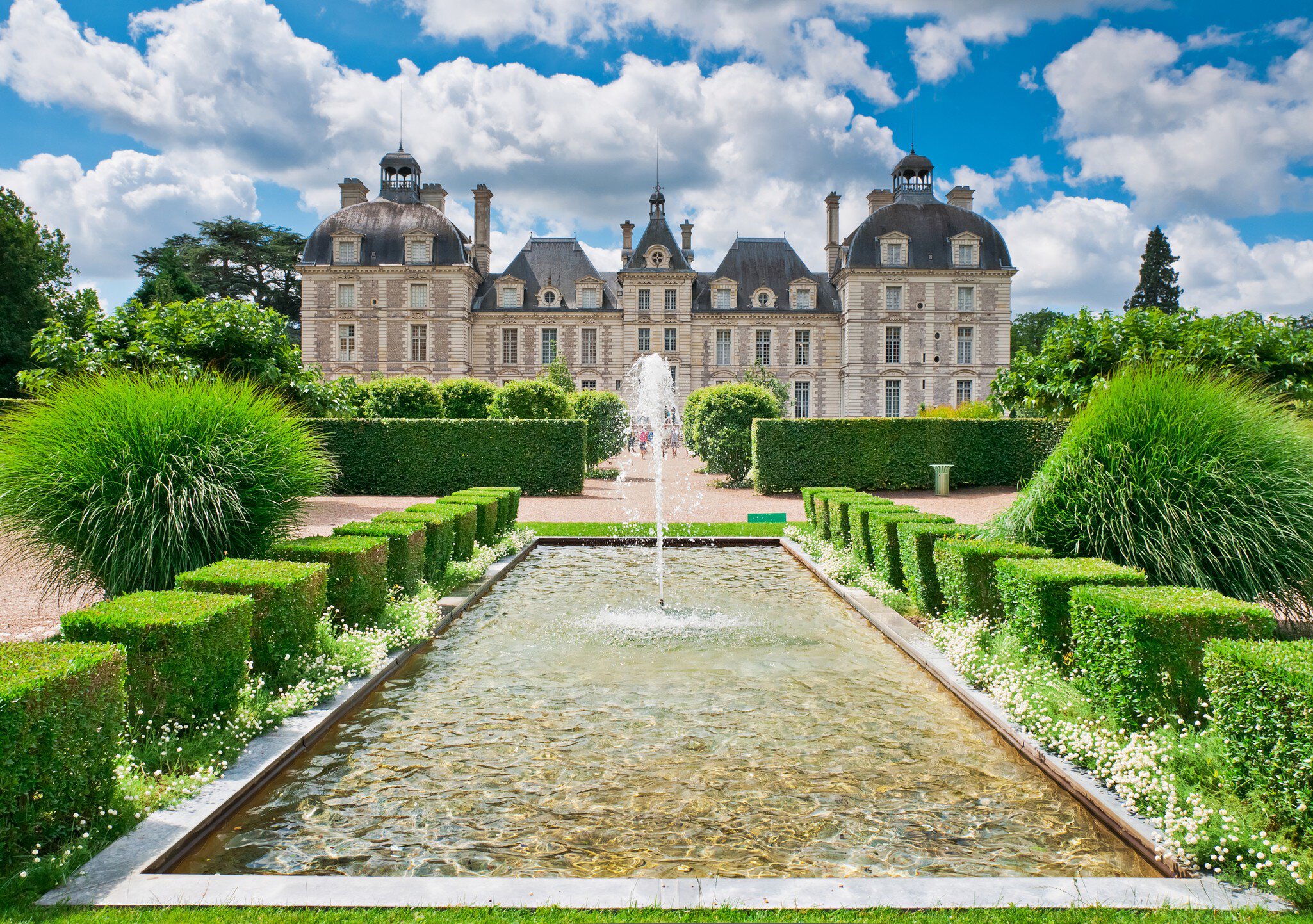View of Cheverny Chateau from apprentice's garden, Loire Valley, France.
