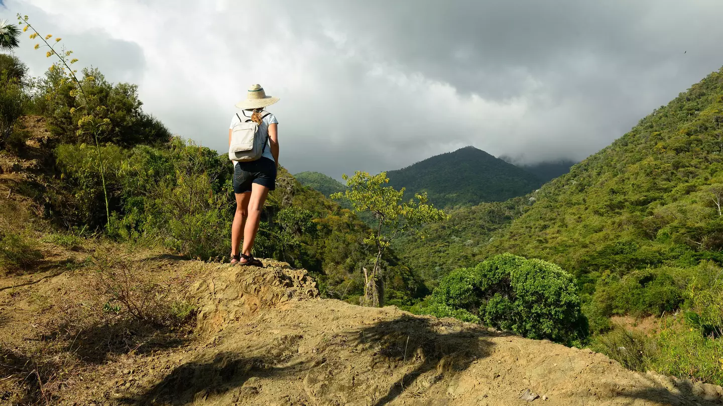 Tourist on a trail to Pico Turquino mountain in Cuba