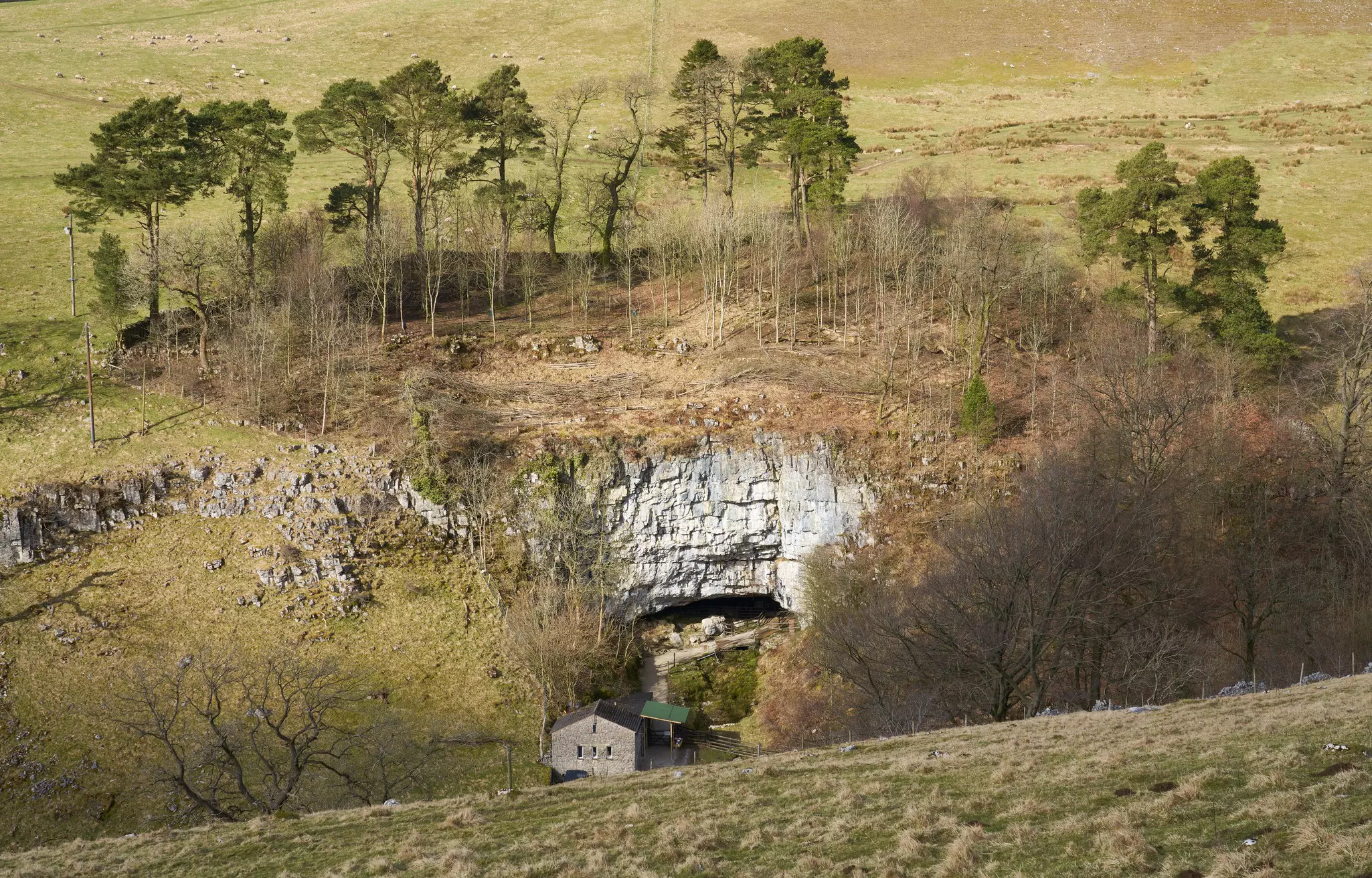 Views of the entrance to Ingleborough Cave in the Yorkshire Dales, England.