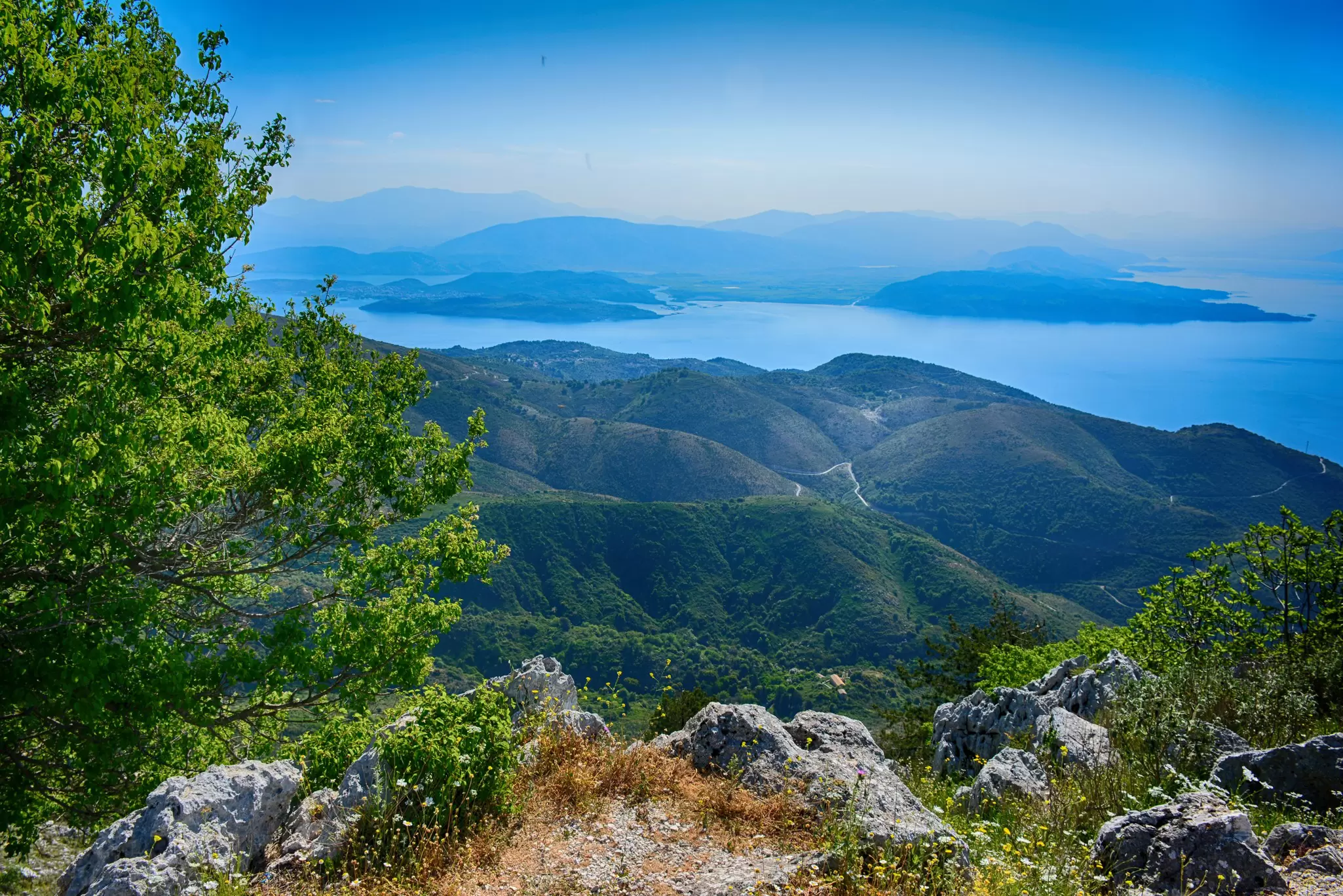 Views of the sea and hills from the top of Mt Pantokrator on the island of Corfu, Greece.