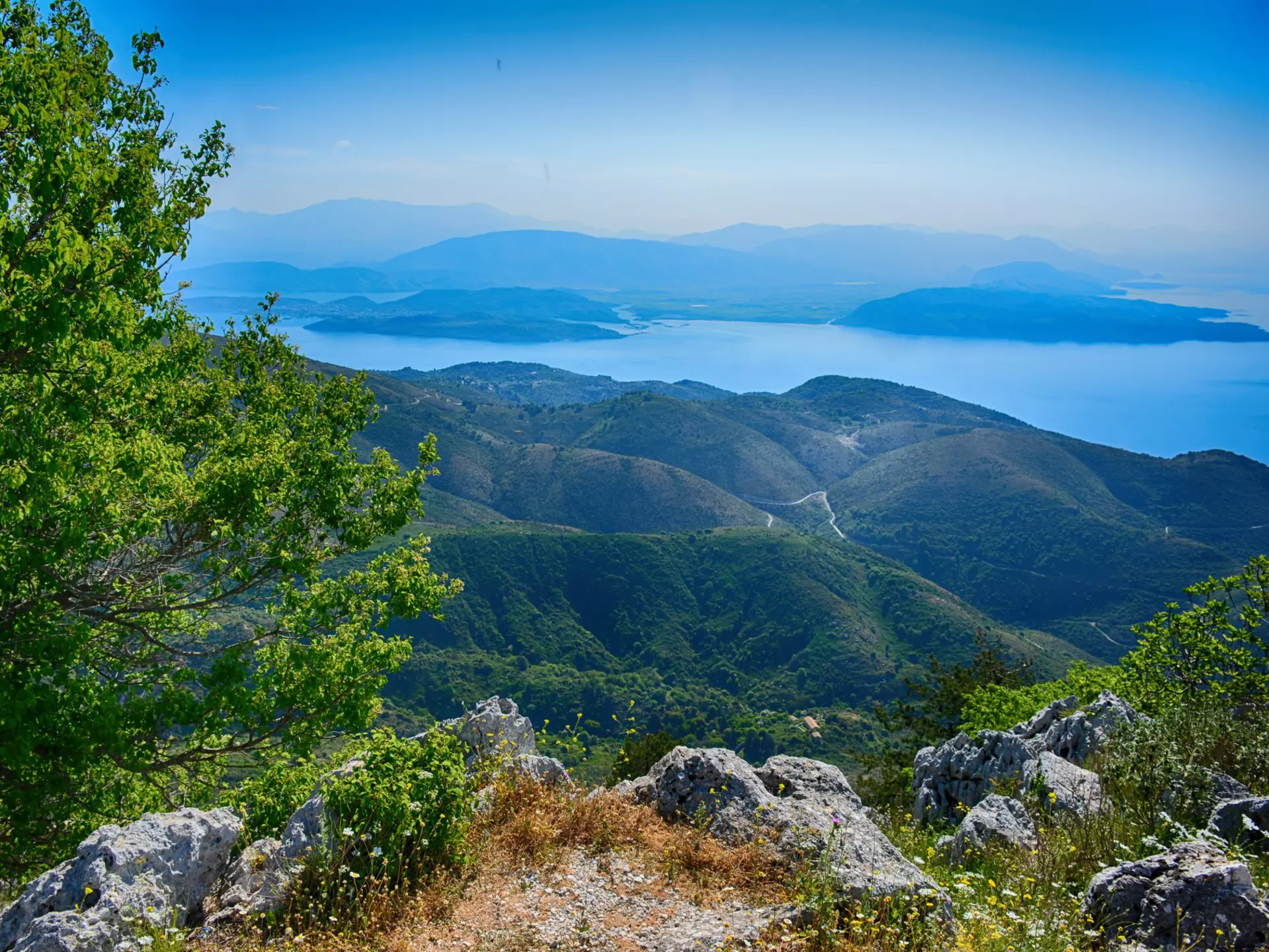 Views of the sea and hills from the top of Mt Pantokrator on the island of Corfu, Greece.