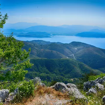 Views of the sea and hills from the top of Mt Pantokrator on the island of Corfu, Greece.