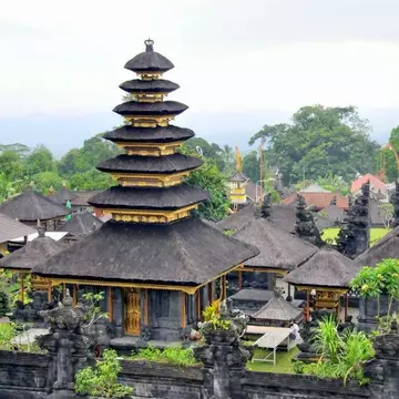 The stepped roof of the Pura Besakih temple in Bali, Indonesia.