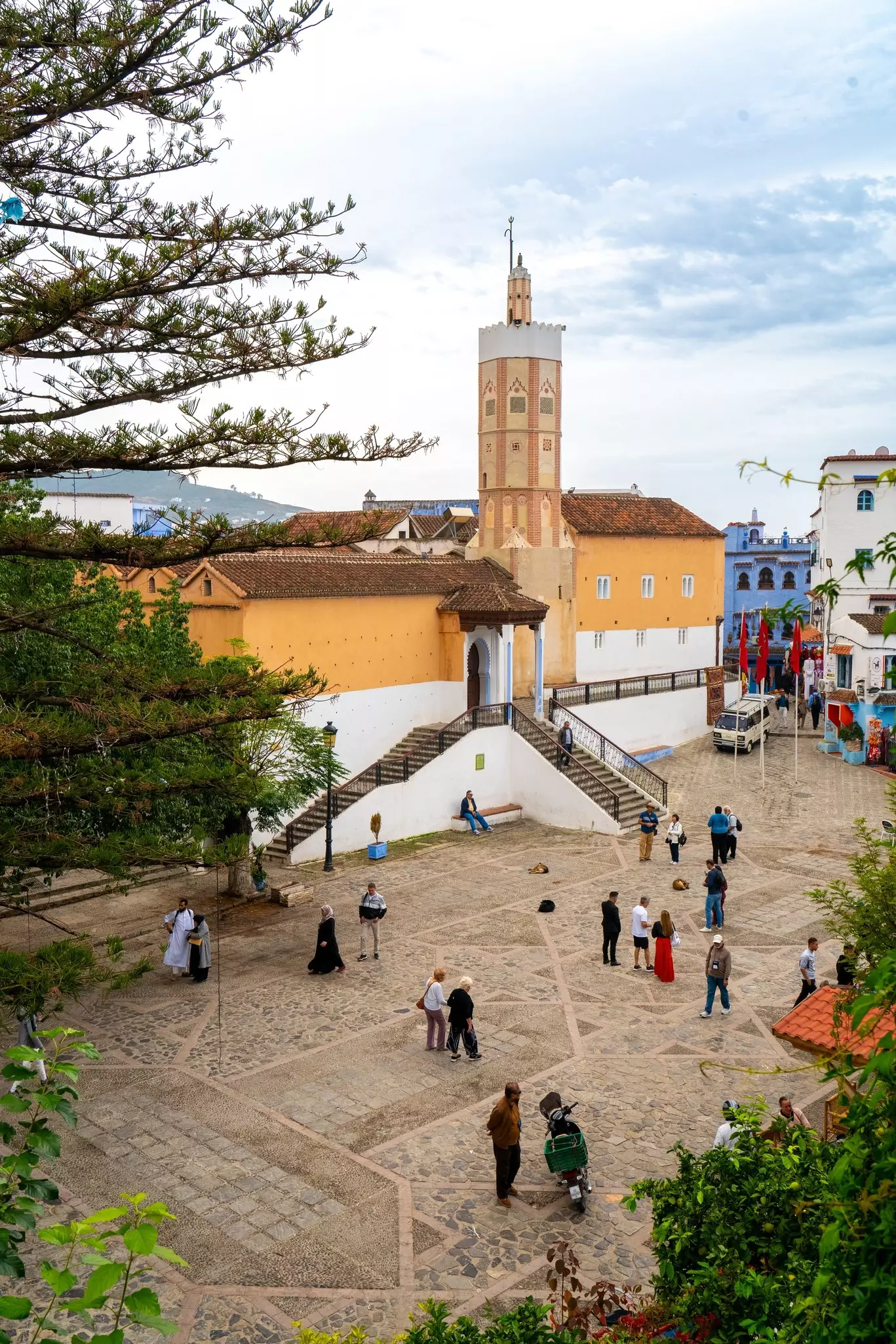 A Moroccan mosque stands in the large square at the center of the old Medina in the blue city of Chefchaouen.
