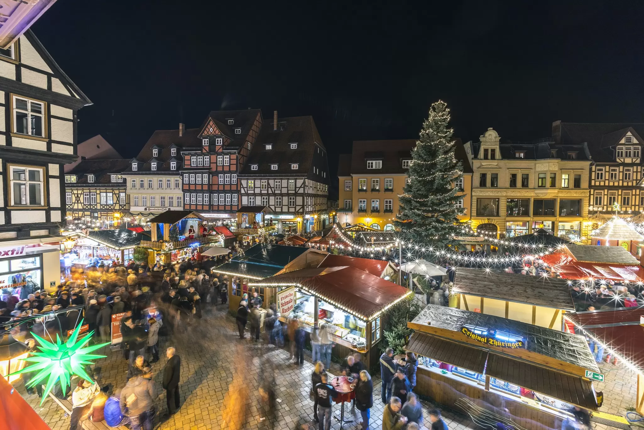 Christmas lighting and markets on the streets of medieval town of Quedlinburg, Germany